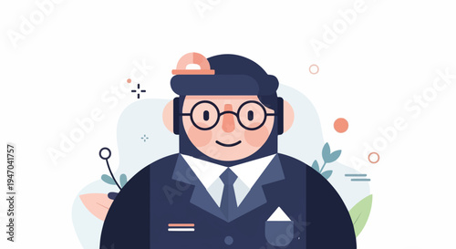 Cheerful stylized scientist in a suit, wearing glasses and a cap