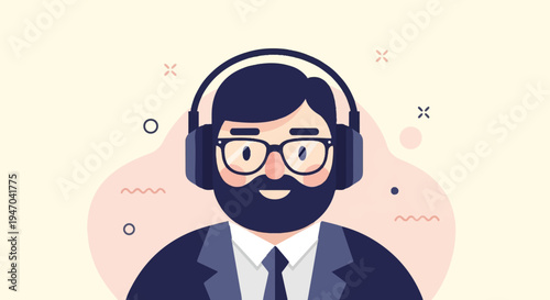Bearded man wearing glasses and headphones, dressed in a suit