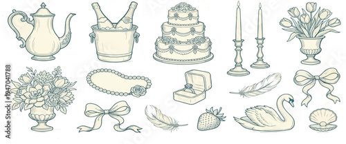 Hand drawn wedding ceremony illustrations. Bride icons in baroque or rococo style with whimsy elegant frames and pearl with lace decorations. Wedding borders and elements for invitations and menus.