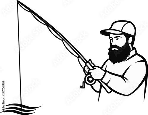 Bearded man with cap holds fishing rod, casting line into water