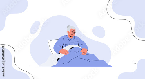 Elderly man sitting in bed, feeling unwell, illustration