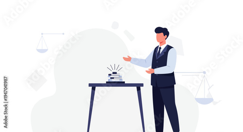 Lawyer Presenting Legal Case with Books and Scales of Justice