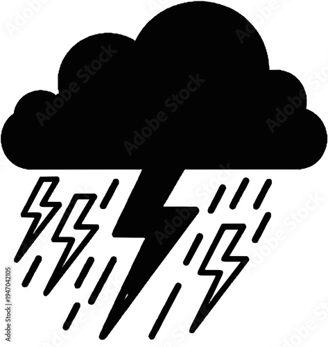 Black silhouette of a storm cloud with lightning and rain