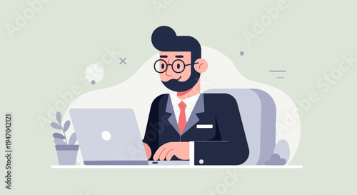 Bearded man in suit and glasses working on a laptop beside a potted plant
