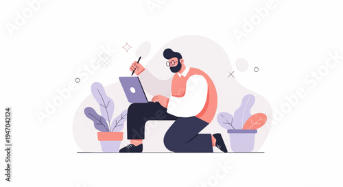 Bearded man with glasses designs on laptop amidst potted plants