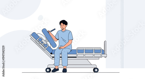 Patient sitting on hospital bed, holding remote control, medical care concept