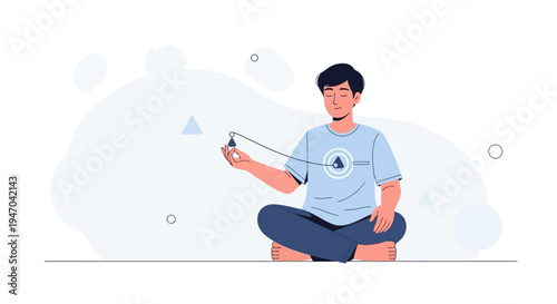 Man meditating with pendulum, focus and concentration, inner peace, mind control