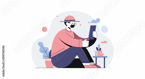 Person with hat and glasses using a tablet device, surrounded by abstract shapes and plants