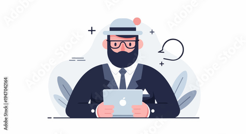 Bearded man in suit and hat holding tablet with thought bubble