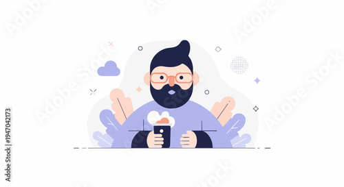Bearded man with glasses holding a cup of coffee surrounded by abstract shapes