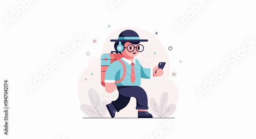 Animated person with headphones, backpack, and phone walks past plants