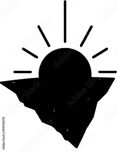 Black silhouette of a sun rising over jagged landmass