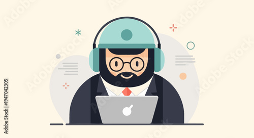 Bearded man in suit and headset works on laptop, vector art