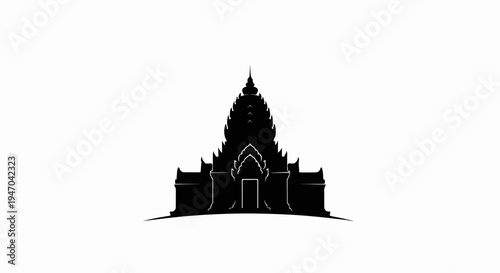Black silhouette of ancient temple with ornate spire, against white