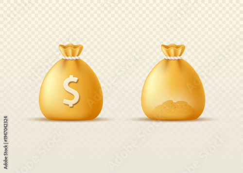 Set of money bags tied with a rope and featuring a dollar sign and filled with gold coins.