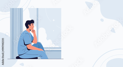 Man in blue scrubs sitting by window, looking out thoughtfully, illustration