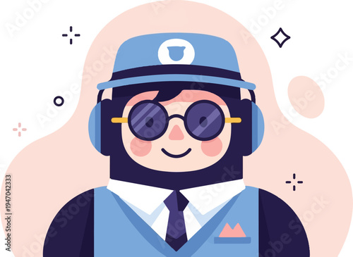 Cartoon character in uniform with headphones, round glasses, and hat
