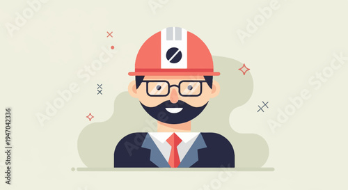 Bearded man with hard hat and glasses, wearing a suit and tie