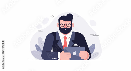 Bearded man in suit and tie uses tablet with leaves in background