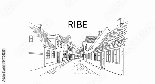 Black and white drawing of a cobblestone street lined with old European-style houses