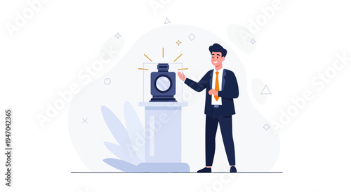 Businessman pressing button on podium with camera, launch concept