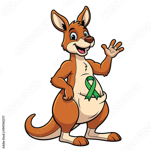 Cartoon kangaroo with green awareness ribbon on belly