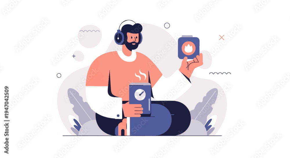 Fototapeta premium Bearded man with headphones holding a mug and a square device