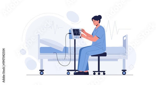 Nurse Adjusting Medical Monitor Next to Hospital Bed, Healthcare Concept