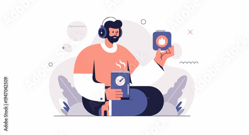Bearded man with headphones holding a mug and a square device