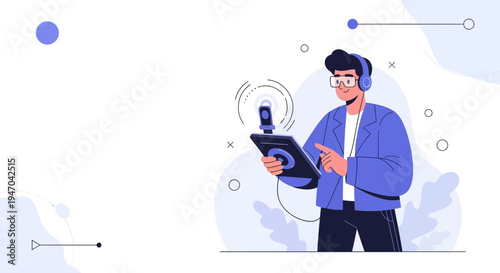 Man with Headphones and Tablet Recording Podcast or Audio with Microphone