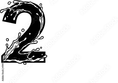 Black stylized numeral two with water splashes, ink drawing