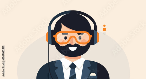 Bearded man in suit, headphones, and goggles
