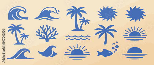 Boho summer set. Naive geometric palm tree, sun, sea, waves and corals for icon, collage. Tropical retro surf prints, summer beach label or naive vignetting hand drawn isolated vector illustration. 