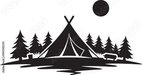 Vector silhouette of a camping tent in the woods