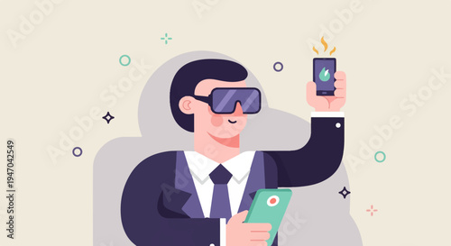 Person in virtual reality headset and suit uses two smartphones, one displays a flame icon