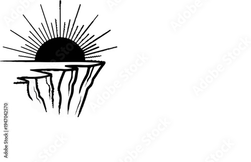 Black sun rising over a cliff edge with rough texture and rays