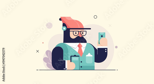 Bearded man in suit holding phone, wearing cap and headphones