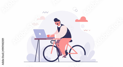 Person working on a laptop while riding a bicycle