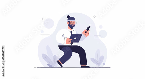 Cartoon man in business attire with laptop and phone, stylized abstract background