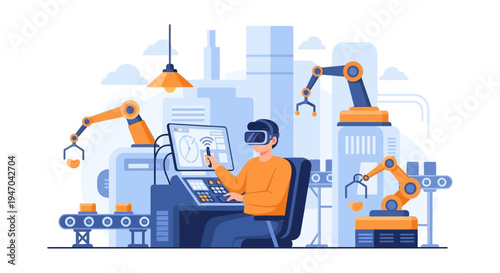 Virtual Reality Control of Robotic Automation in a Smart Factory. Engineer Managing AI-powered Industrial Production Line with VR Headset & Robot Arms.