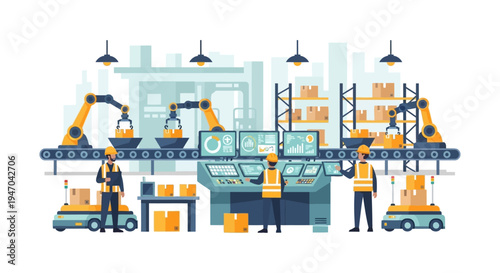 Automated Smart Factory: Robotics, Conveyor Belts, Autonomous Mobile Robots (AMRs), and Skilled Human Operators in Modern Manufacturing and Logistics