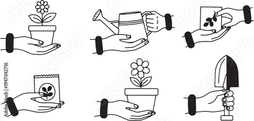 Garden hands holding potted plant watering can and tools icon set