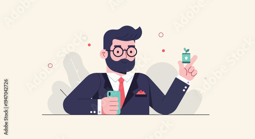 Bearded man in suit holds plant seedling and phone with minimalist background