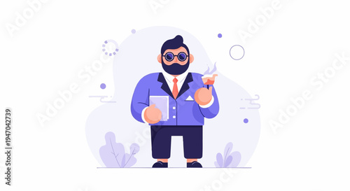 Bearded man in suit holds tablet and smoking pipe, stylized