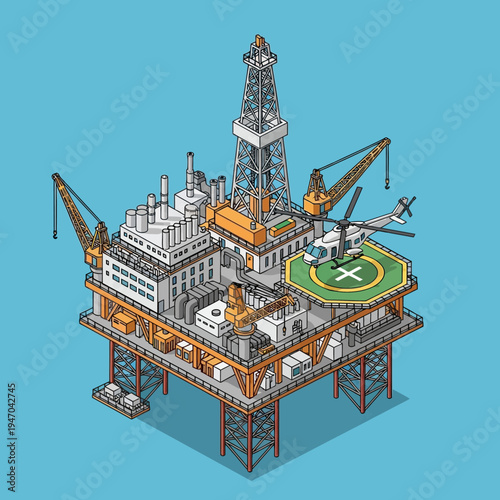 Isometric illustration of an offshore oil rig with a helicopter and cranes.