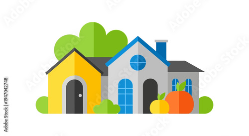 Flat Design Illustration of Colorful Residential Houses and Homes with Greenery