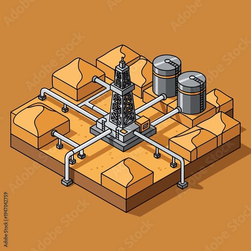 Isometric illustration of an oil rig with storage tanks and pipelines in a desert landscape.