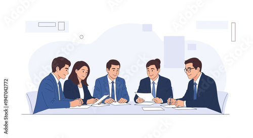 Business Meeting: Diverse Team Collaborating Around Table, Discussing Documents