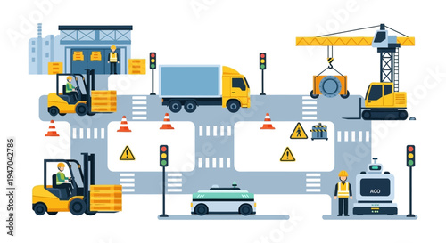 Industrial Logistics Automation: Smart Supply Chain Operations with Forklifts, Truck, Crane, and AGVs in a Modern Distribution Hub