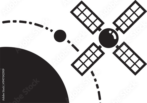 Vector satellite icon in orbit around Earth, black and white illustration